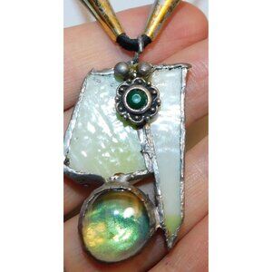 Handmade Abstract Green Stained Glass Pendant Necklace